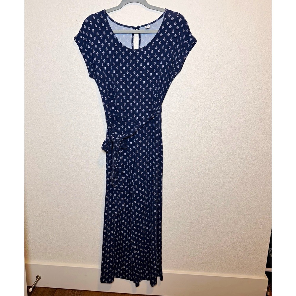 Old Navy Womens Size S Blue White Geometric Keyhole Tie Maxi Dress Short Sleeve